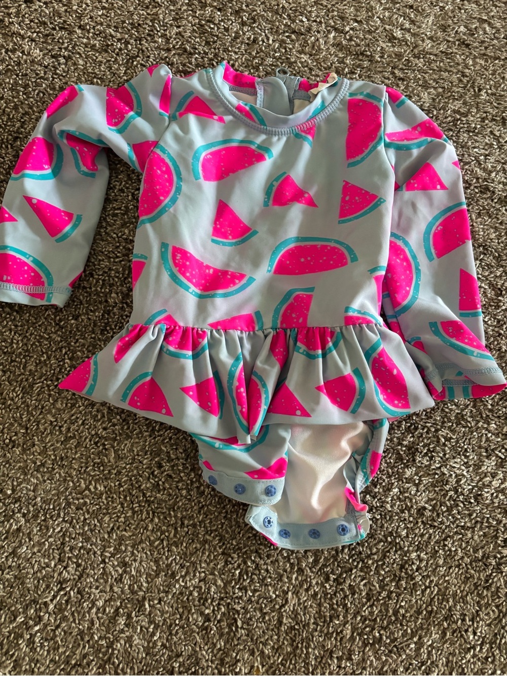 Kids Long-Sleeve One-Piece Swimsuit in Aqua with Pink Watermelon Print